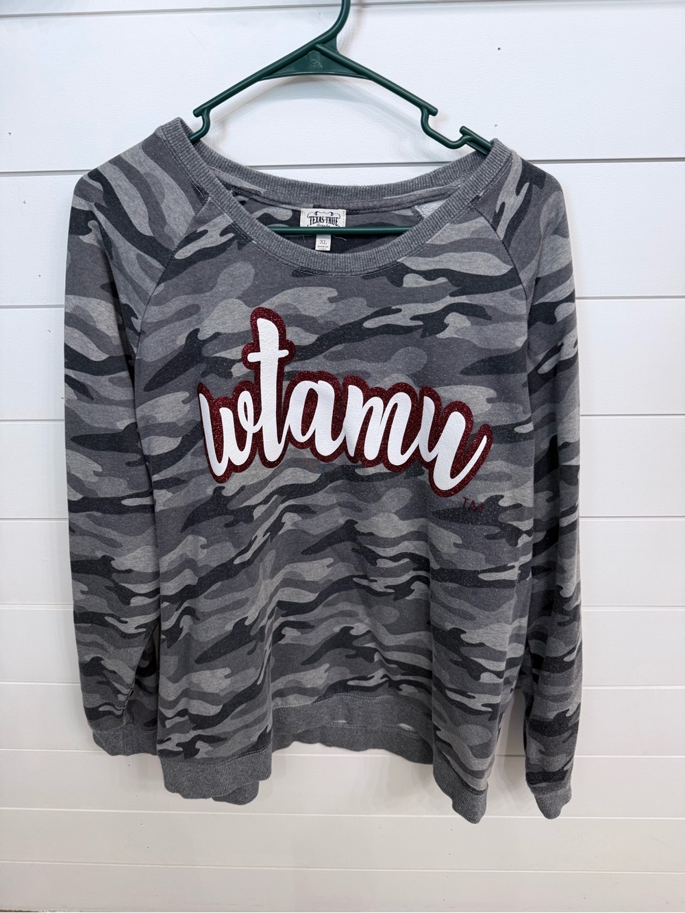 Grey Camo Crewneck Sweater with Script Applique